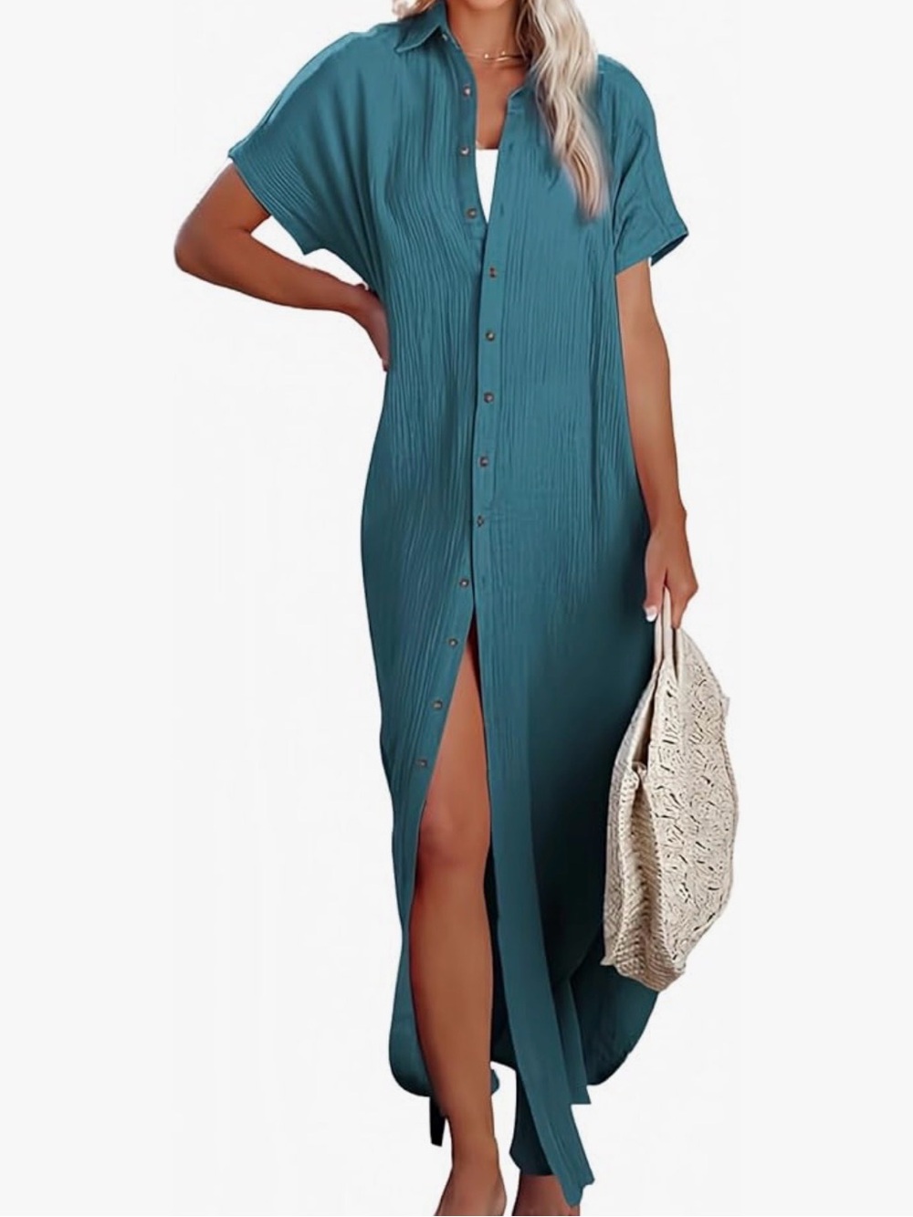 Teal Button-Front Maxi Shirt Dress